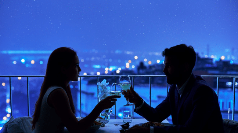 Silhouette of a couple on a date with the night sky in the background