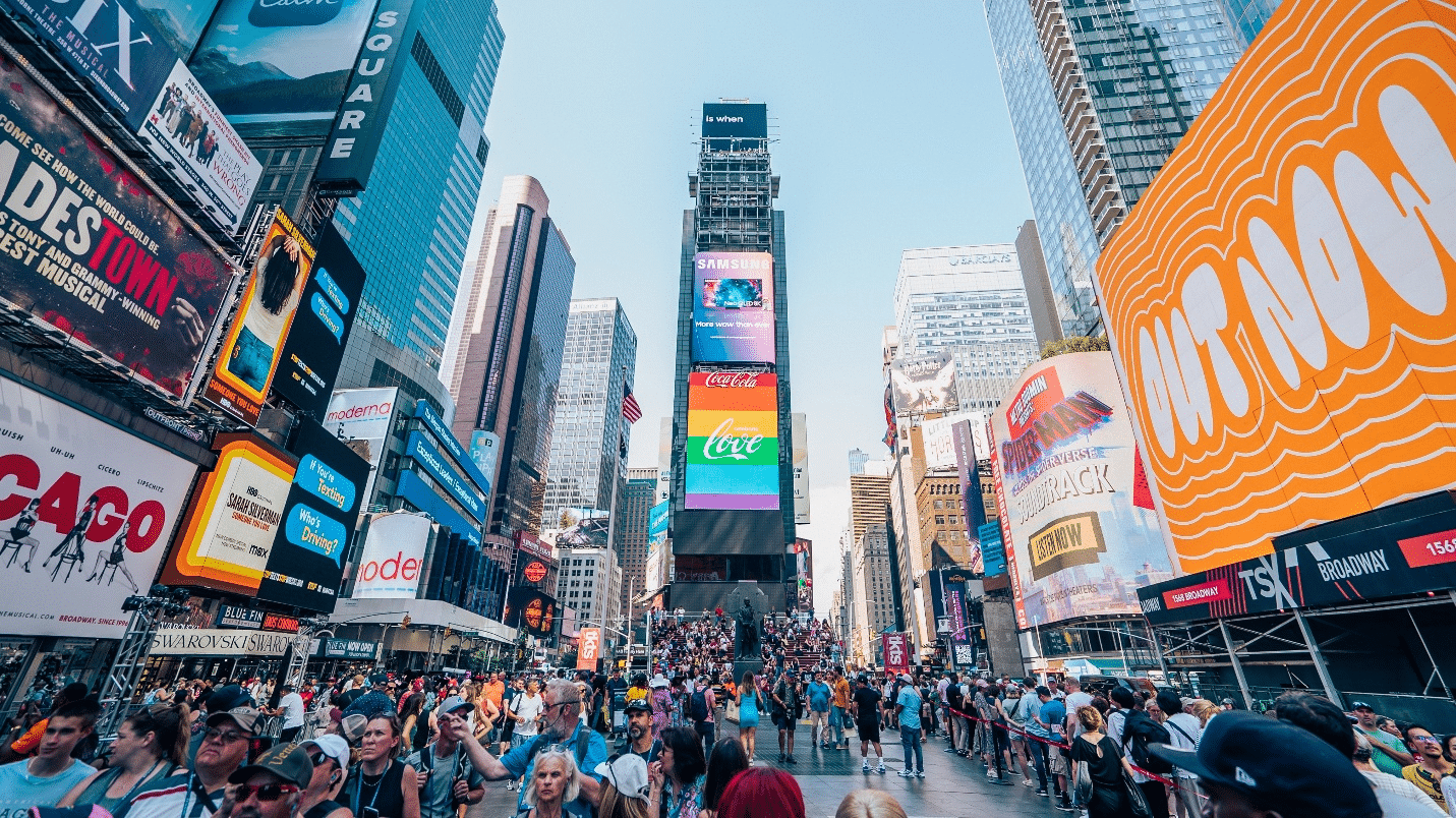 A crowd of people at Times Square during a small group tour in New York City