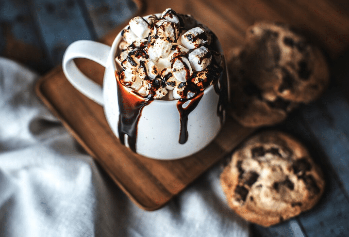 Hot Chocolate in a Cup With Chocolate Chip Cookies
