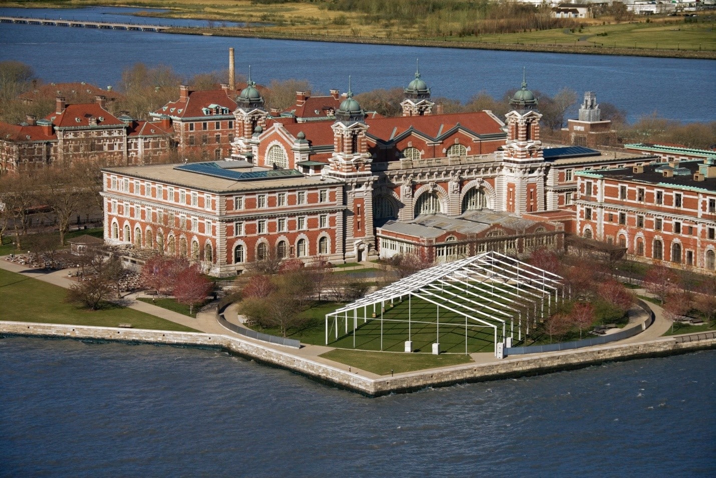 An aerial view of Ellis Island
