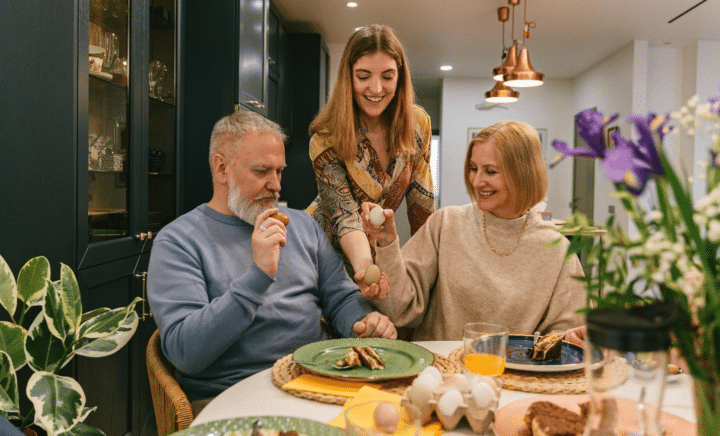 A picture of a family having dinner