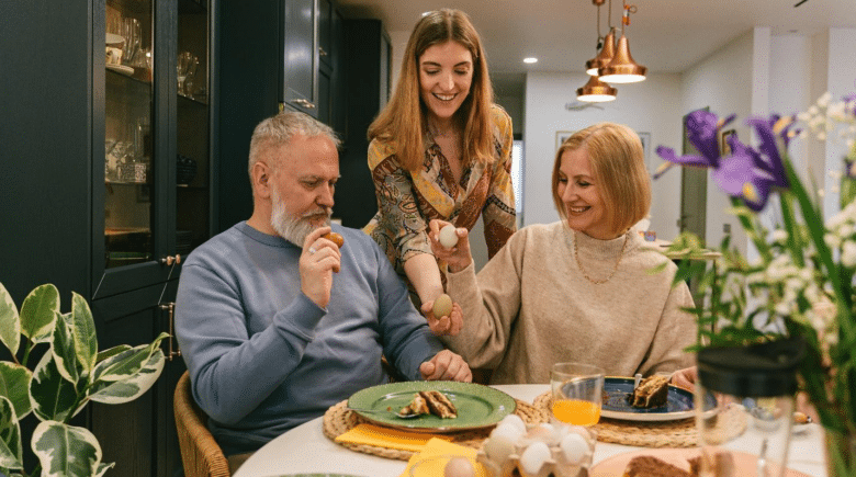 A picture of a family having dinner