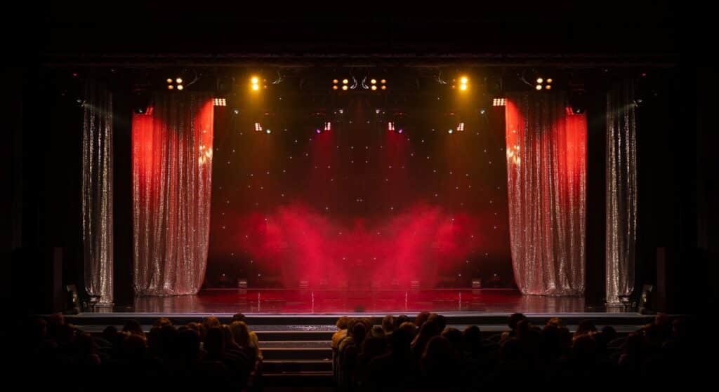 A grand theatre stage illuminated by spotlights