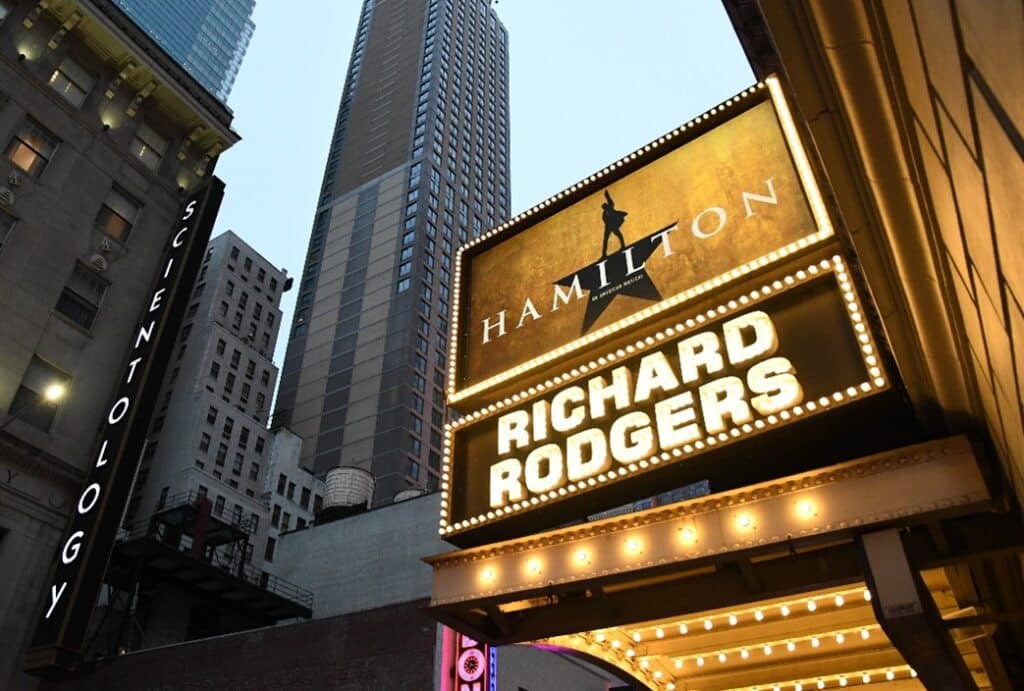 The Hamilton musical sign at Richard Rodgers Theatre in Times Square, NYC.