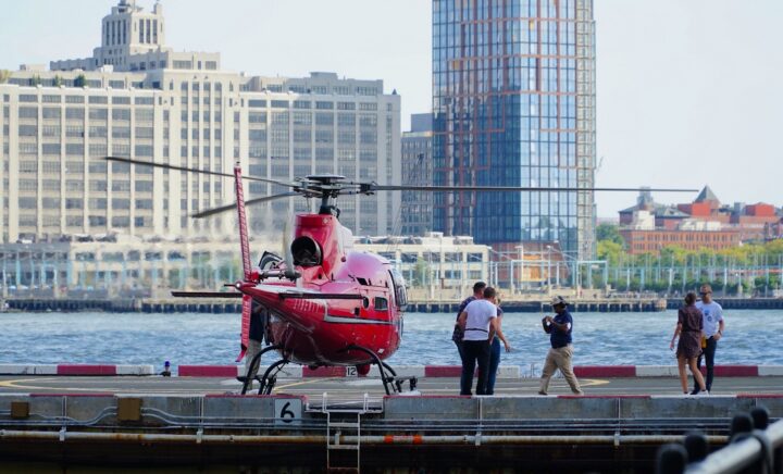 A helicopter preparing for takeoff over Manhattan.