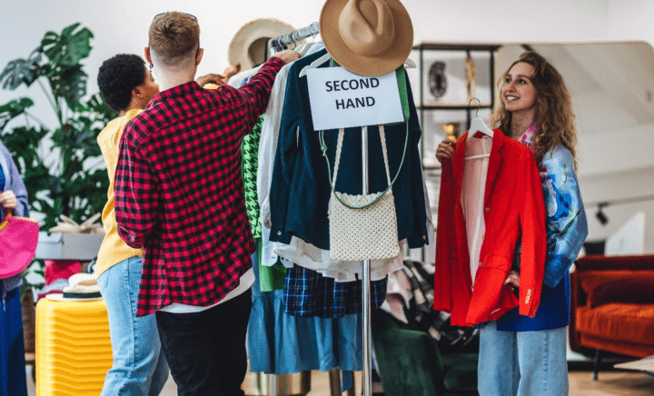 A group of young shoppers browsing secondhand clothing racks.