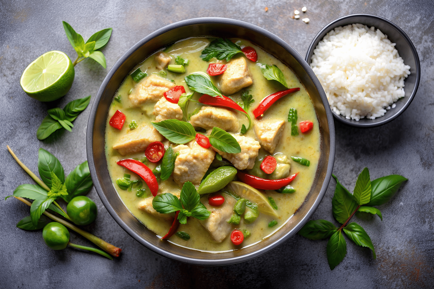 A bowl of Thai green curry with a side of rice during a New York City travel guide