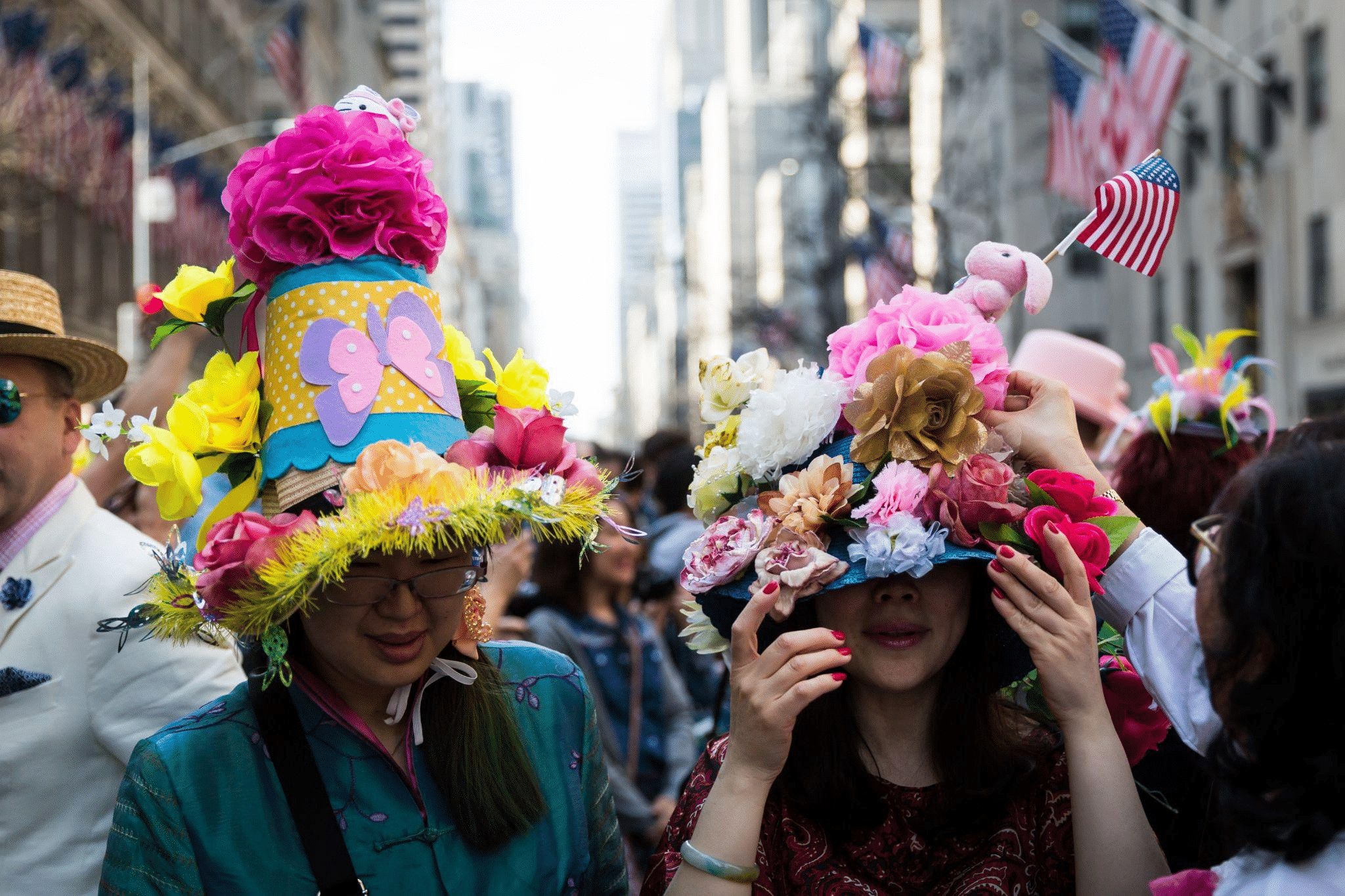People with Easter bonnets for the parade.