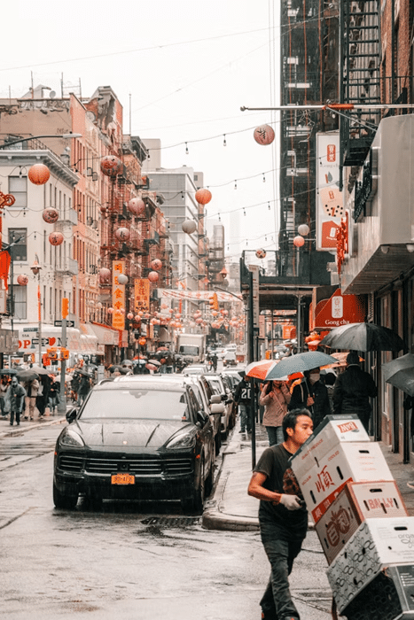 A busy street in Chinatown.