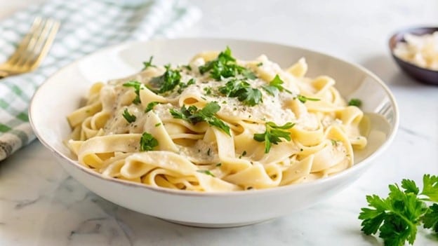 A bowl of white sauce pasta seen during aNew York City travel guide