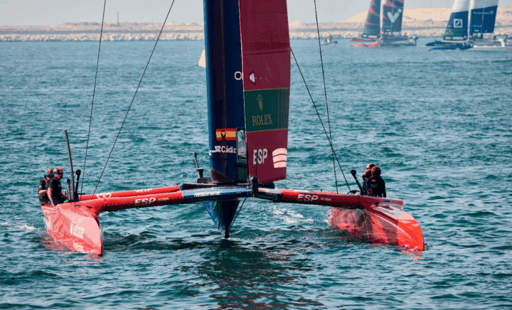 A red boat in the water