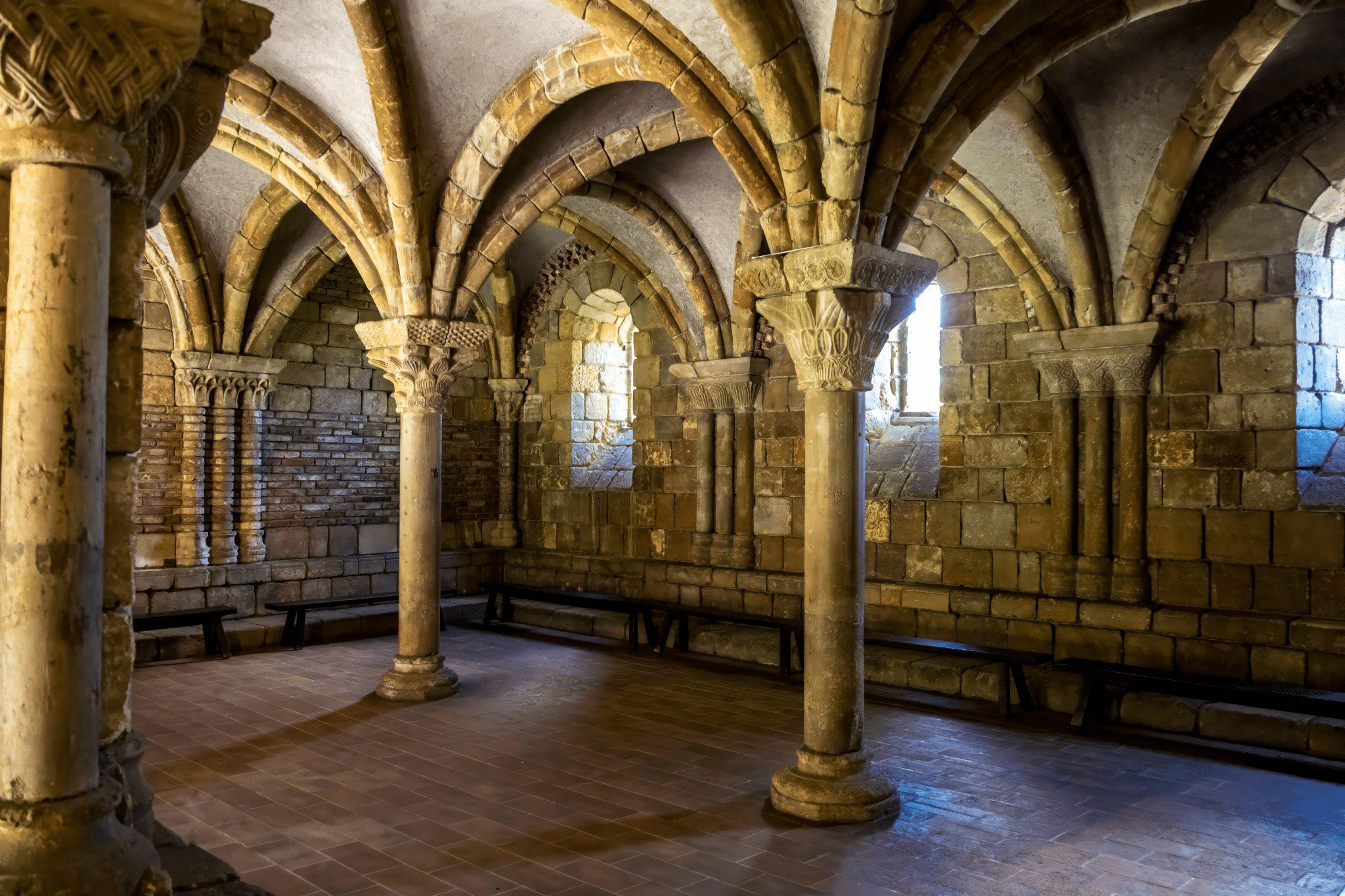 A room with columns, part of The Met Cloisters in Fort Tryon Park.