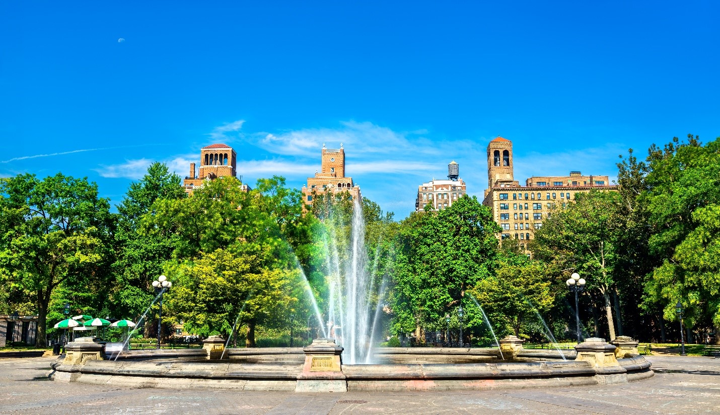A fountain in Washington Park seen during a small group tour in New York City