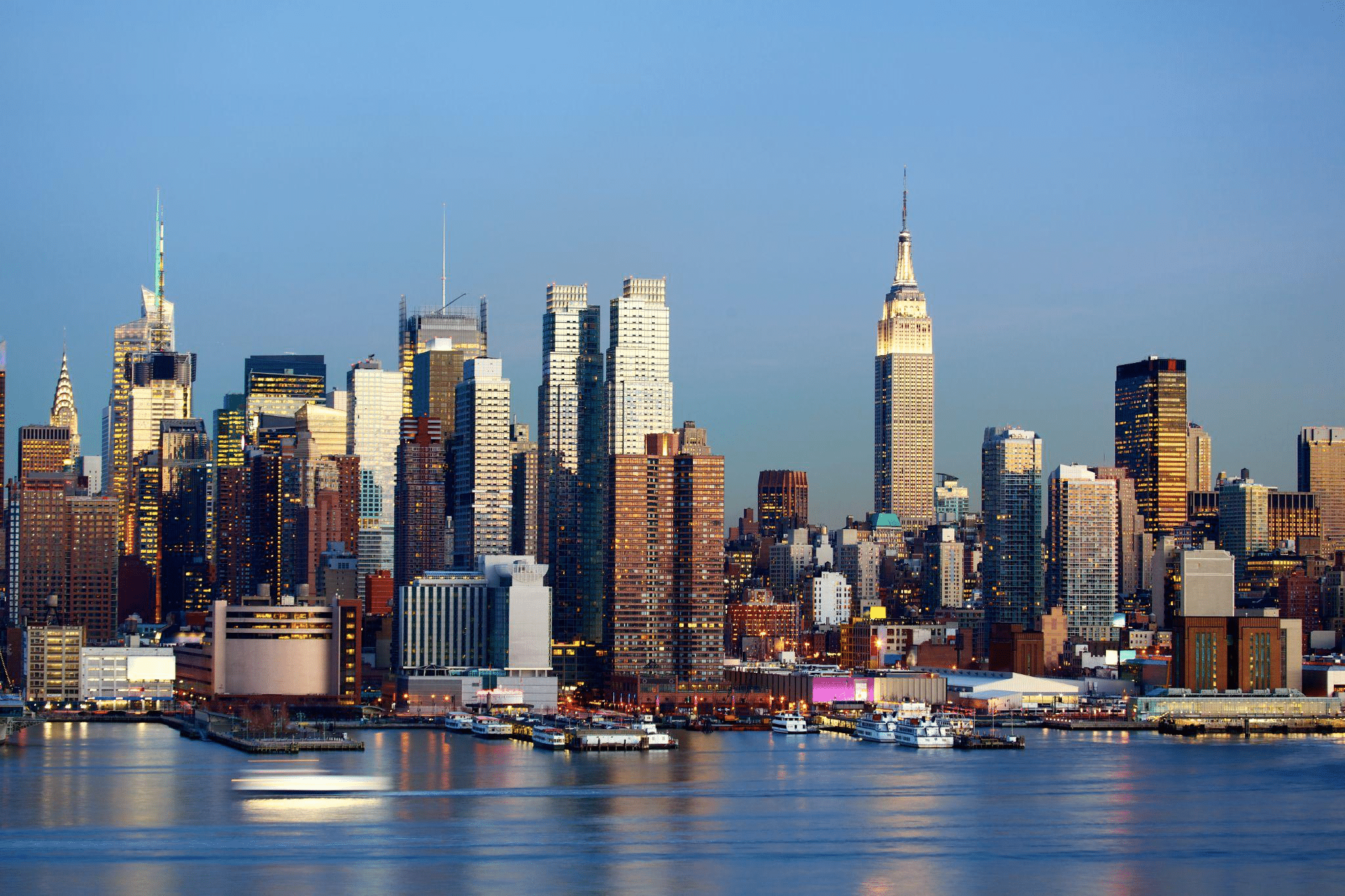 New York City skyline illuminated.