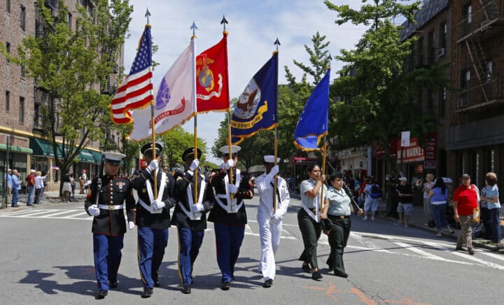 NEW YORK CITY - MAY 26 2014: The 146th annual King's County Memorial Day Parade, one of the nation's oldest, honored fallen & living veterans in the streets of Bay Ridge, Brooklyn. Color guard on 3rd