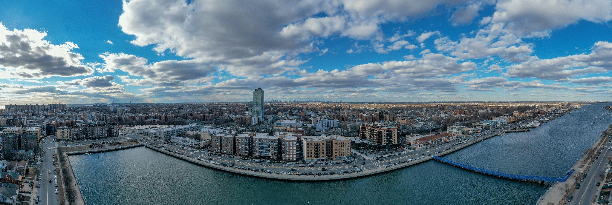 Wide panoramic view of Sheepshead Bay and the surrounding waterfront area