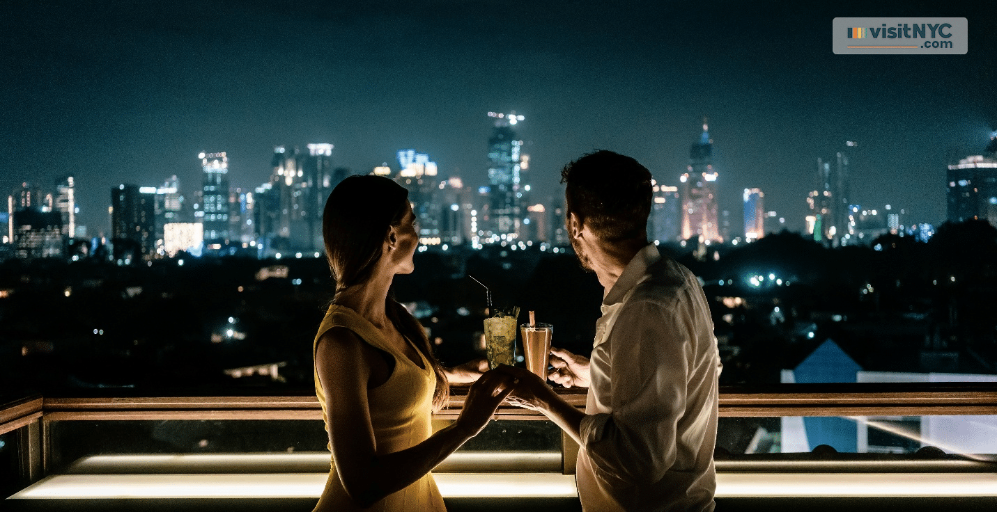 A couple at a rooftop bar at night