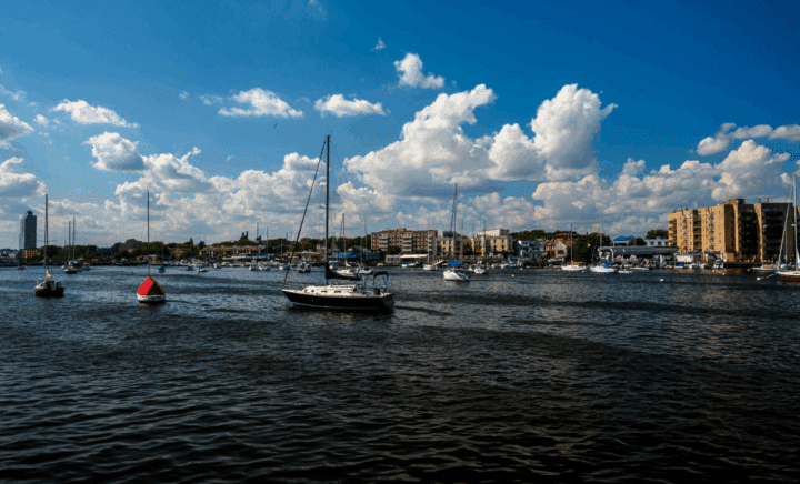 View of the Sheepshead Bay marina in Brooklyn, NY