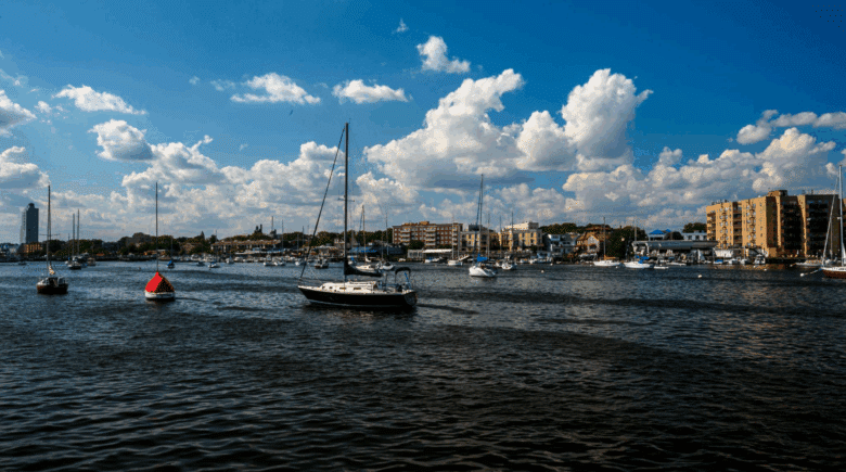 View of the Sheepshead Bay marina in Brooklyn, NY