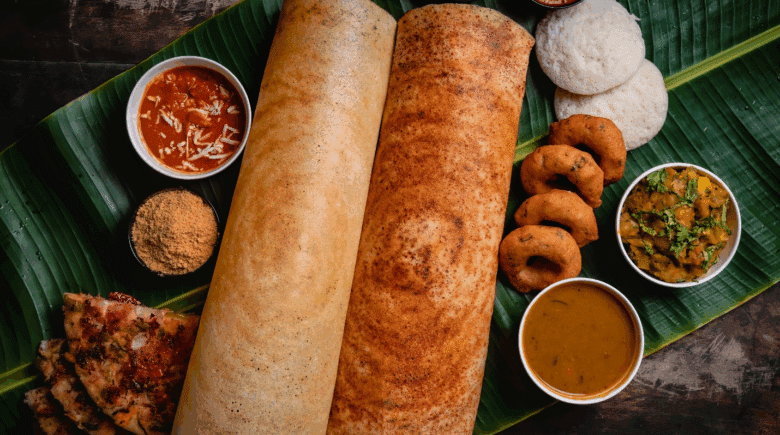 A masala dosa on a banana leaf