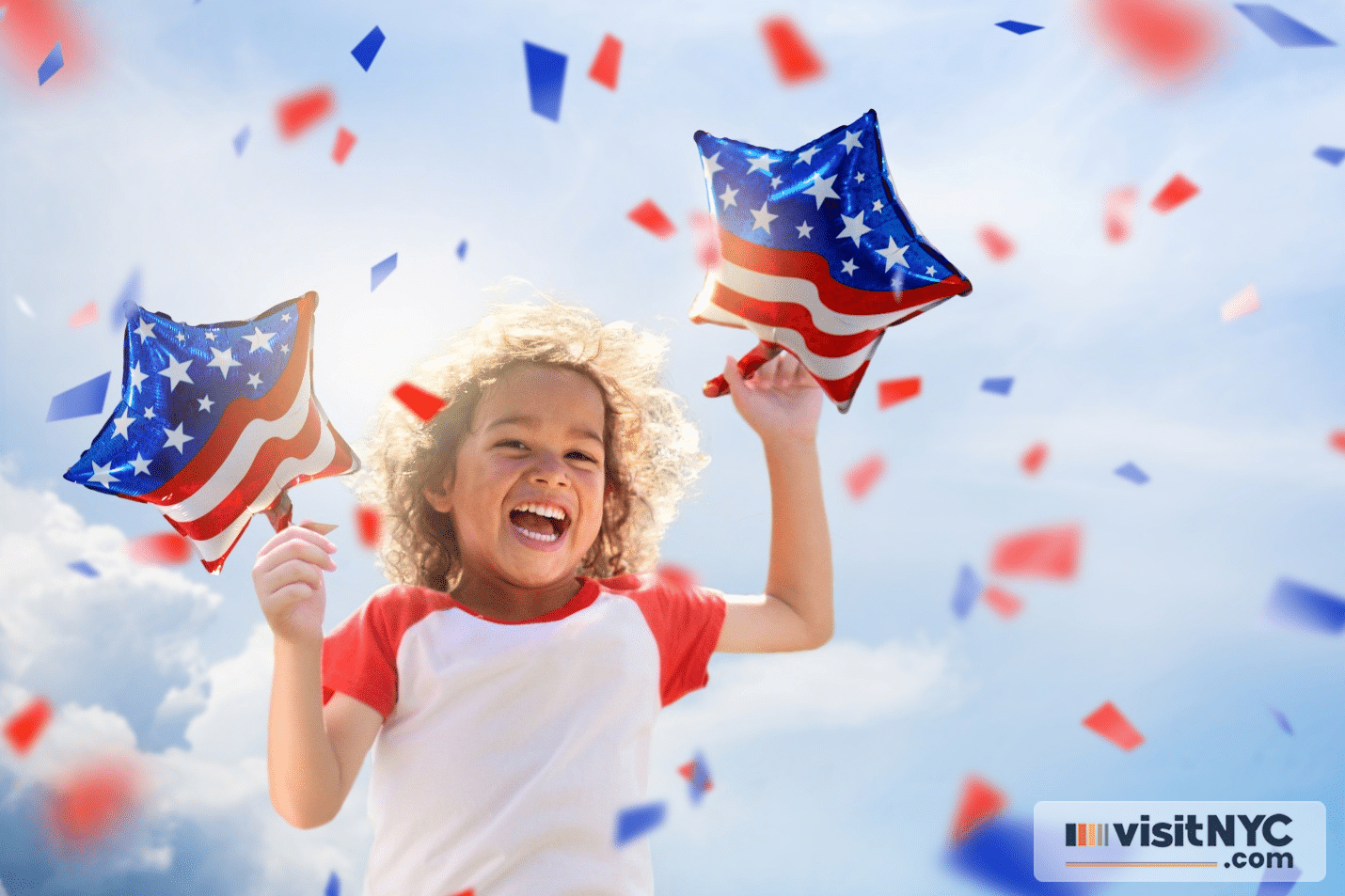 A child holding USA themed balloons