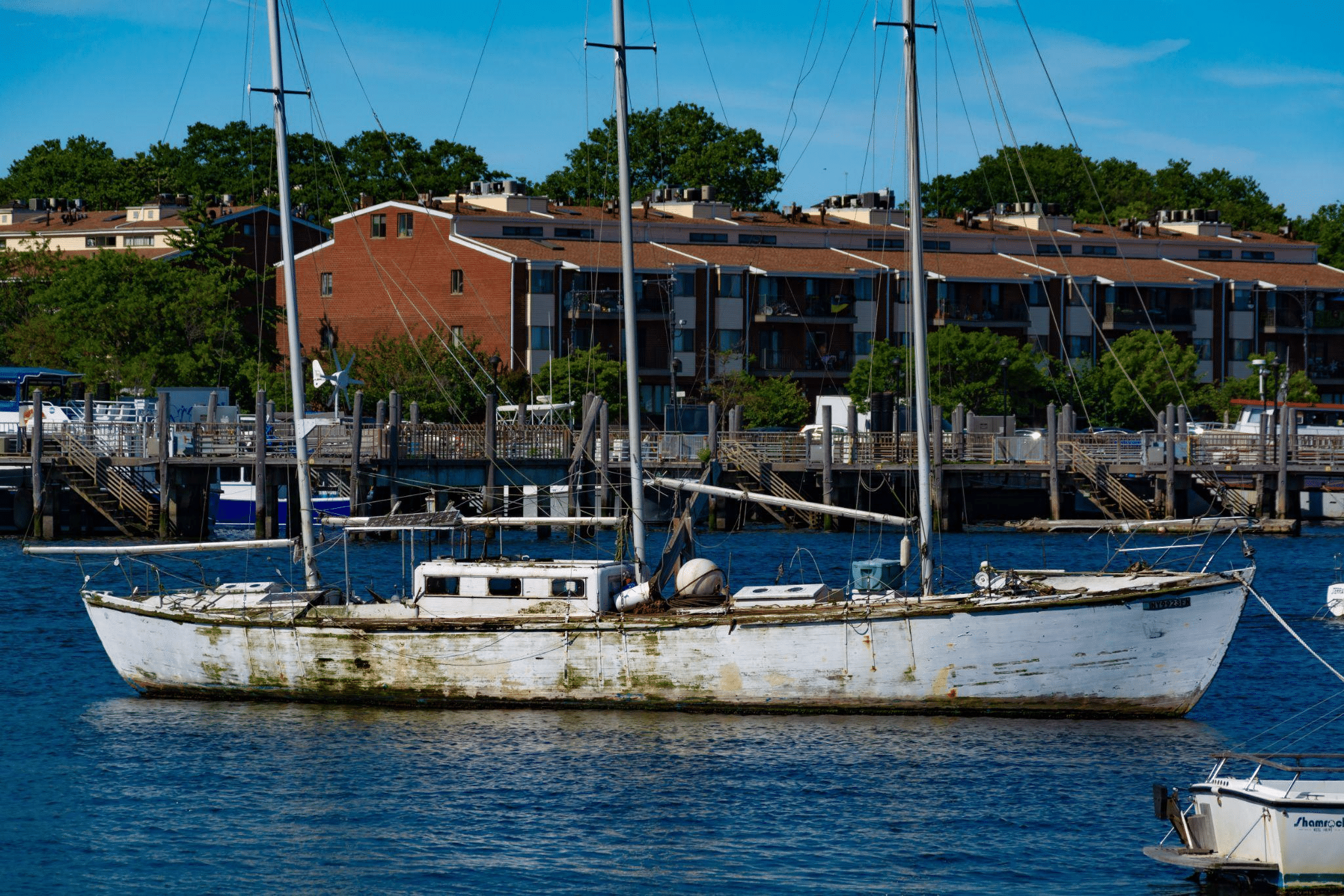 Weathered old fishing boat in Sheepshead Bay, Brooklyn