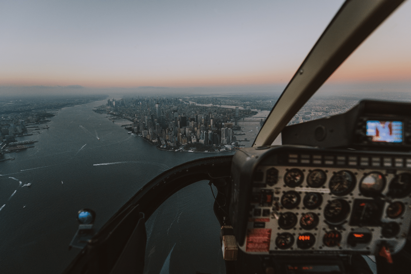 An aerial view of NYC from a helicopter
