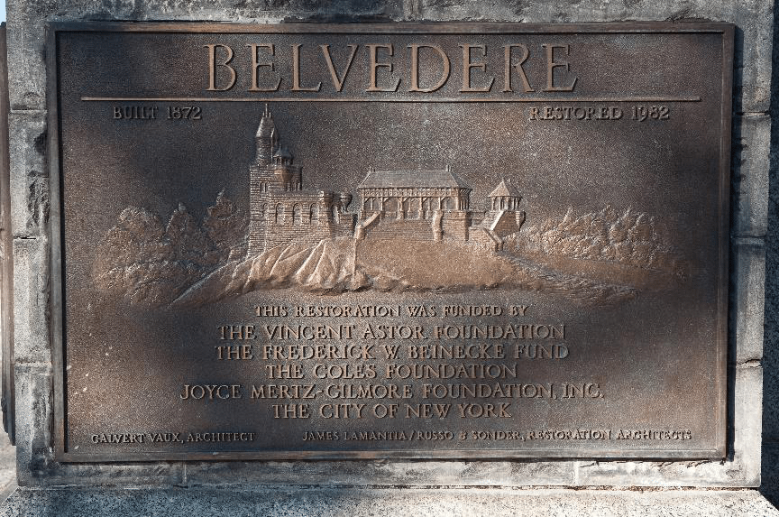 Historical plaque for Belvedere Castle, showing original build and restoration dates.