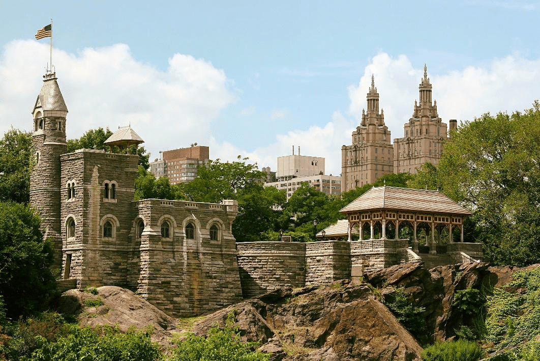 Belvedere Castle and city buildings.