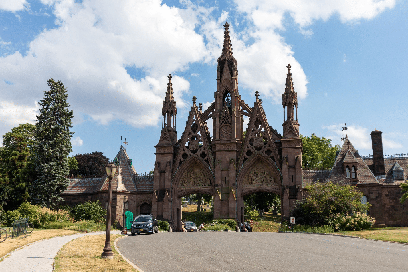 A gothic style entrance to Green-Wood Cemetery