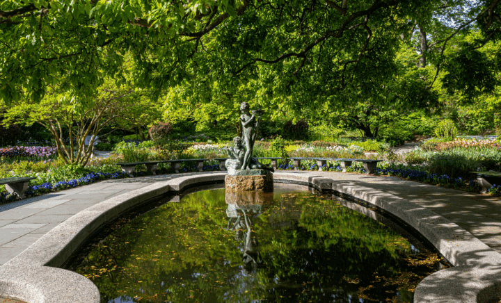 A fountain with a statue in the center of Conservatory Garden