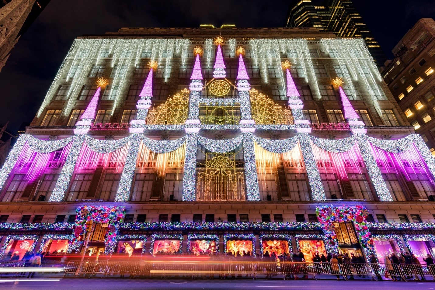 A store lit up for Christmas on Fifth Avenue