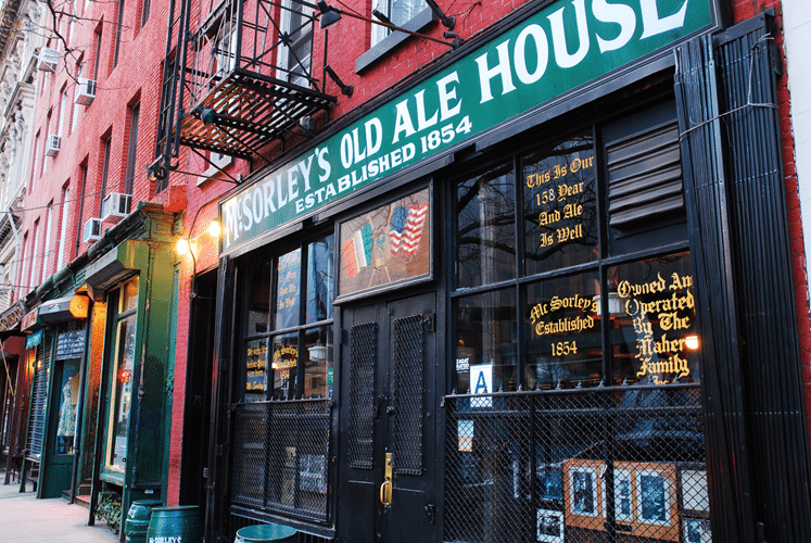 Exterior of McSorley's Old Ale House on a city street.