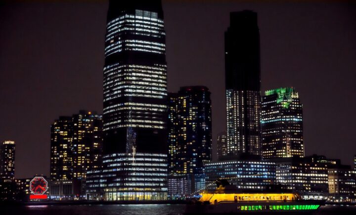 Buildings lit up at night behind a cruise ship