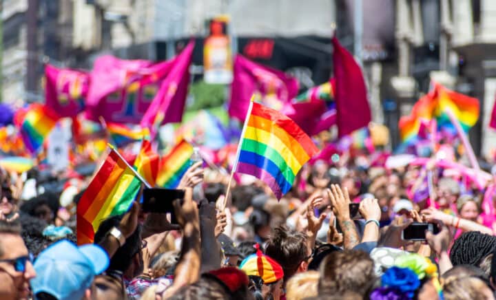 New York City, NY, USA - 06/30/2019 : Thousands of people wearing colorful costumes attending the World Pride March in NYC for LGBTQ+ rights. The annual March is taking place again as one of the Top NYC Events This Weekend June 28-29, 2025