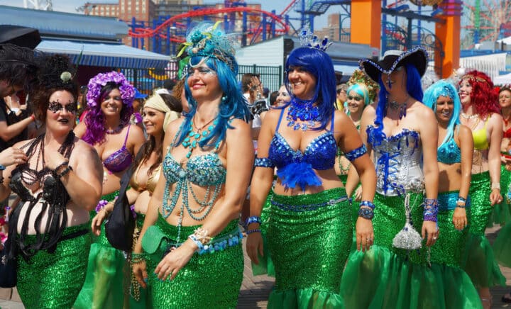 Coney Island, New York City, USA - June 21, 2014: Women dressed in a costume for the annual Coney Island Mermaid Parade, the largest art parade in the nation.