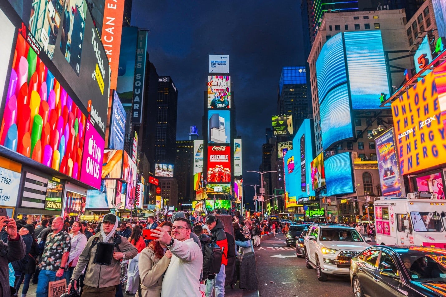 Crowds and bright lights at Times Square