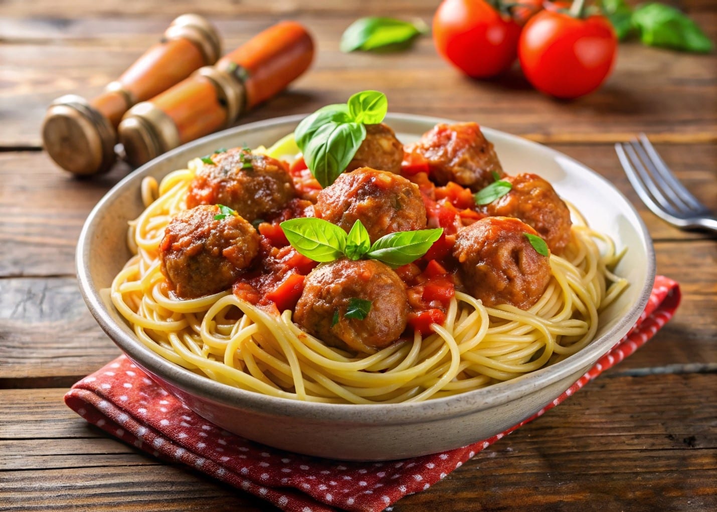 A bowl of spaghetti and meatballs
