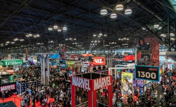 An aerial view of the New York Comic Con with people dressed in costumes