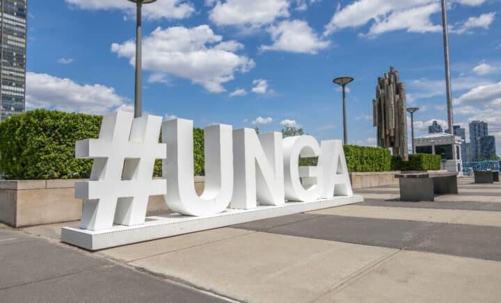 A large white #UNGA outdoors