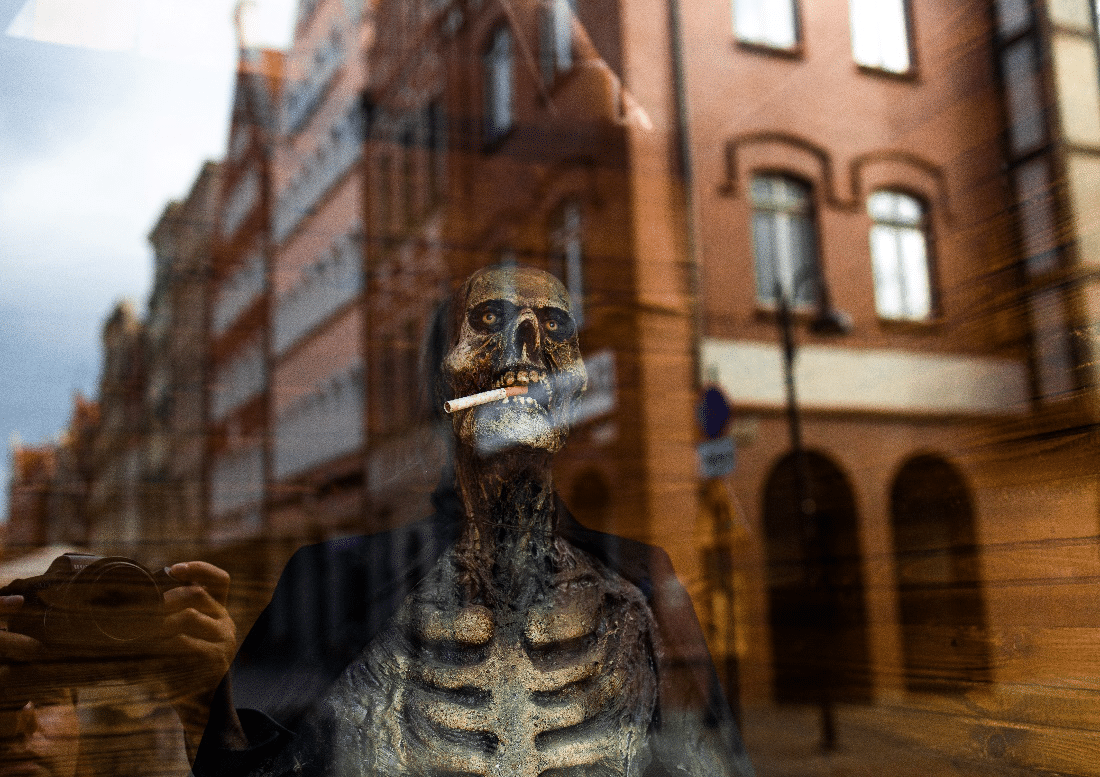 Outdoor decor featuring a skeleton in Brooklyn.