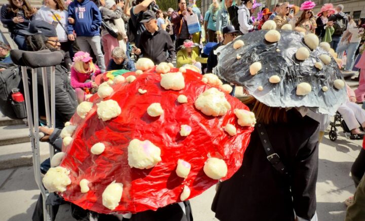 A picture of people wearing mushroom hats