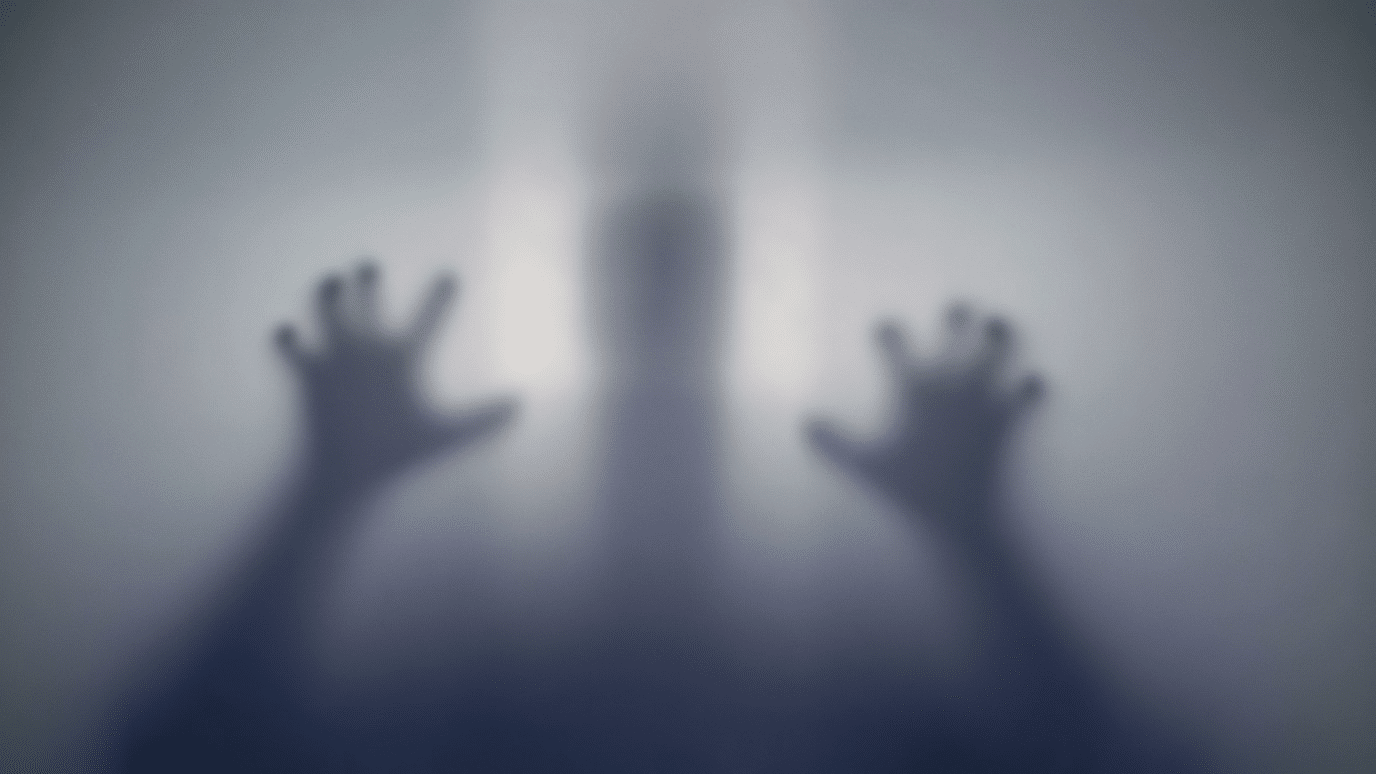 Silhouette of a person creating a jumpscare scene in a dark, eerie setting.