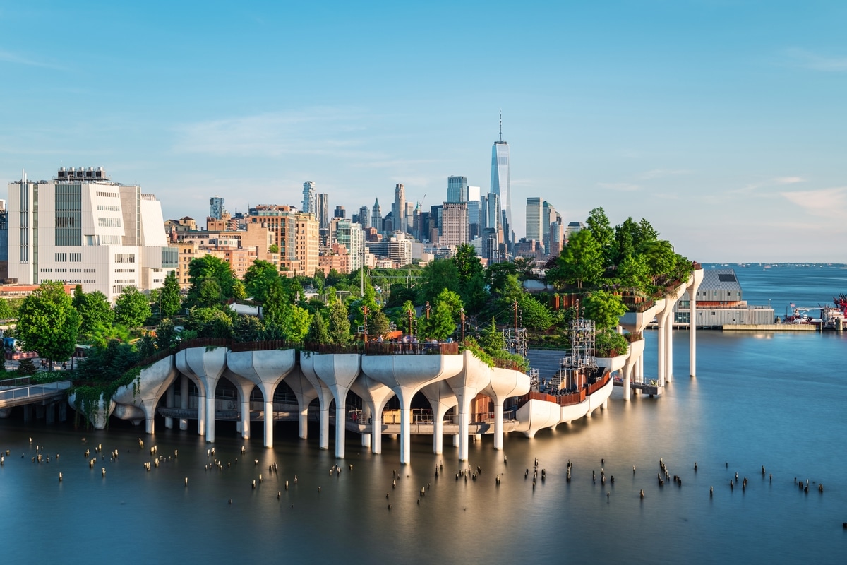 Long exposure of Little Island over the Hudson River with soft water and evening glow, NYC waterfront in autumn.