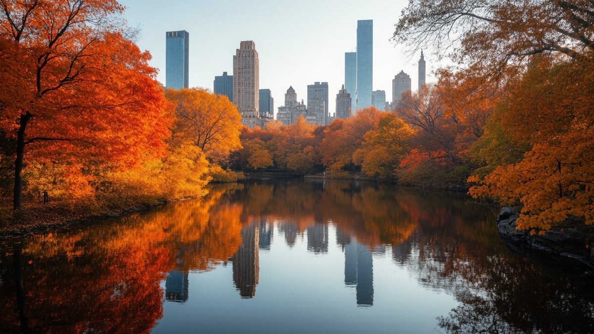 Central Park pathway covered with autumn leaves and surrounded by colorful fall trees in New York City.